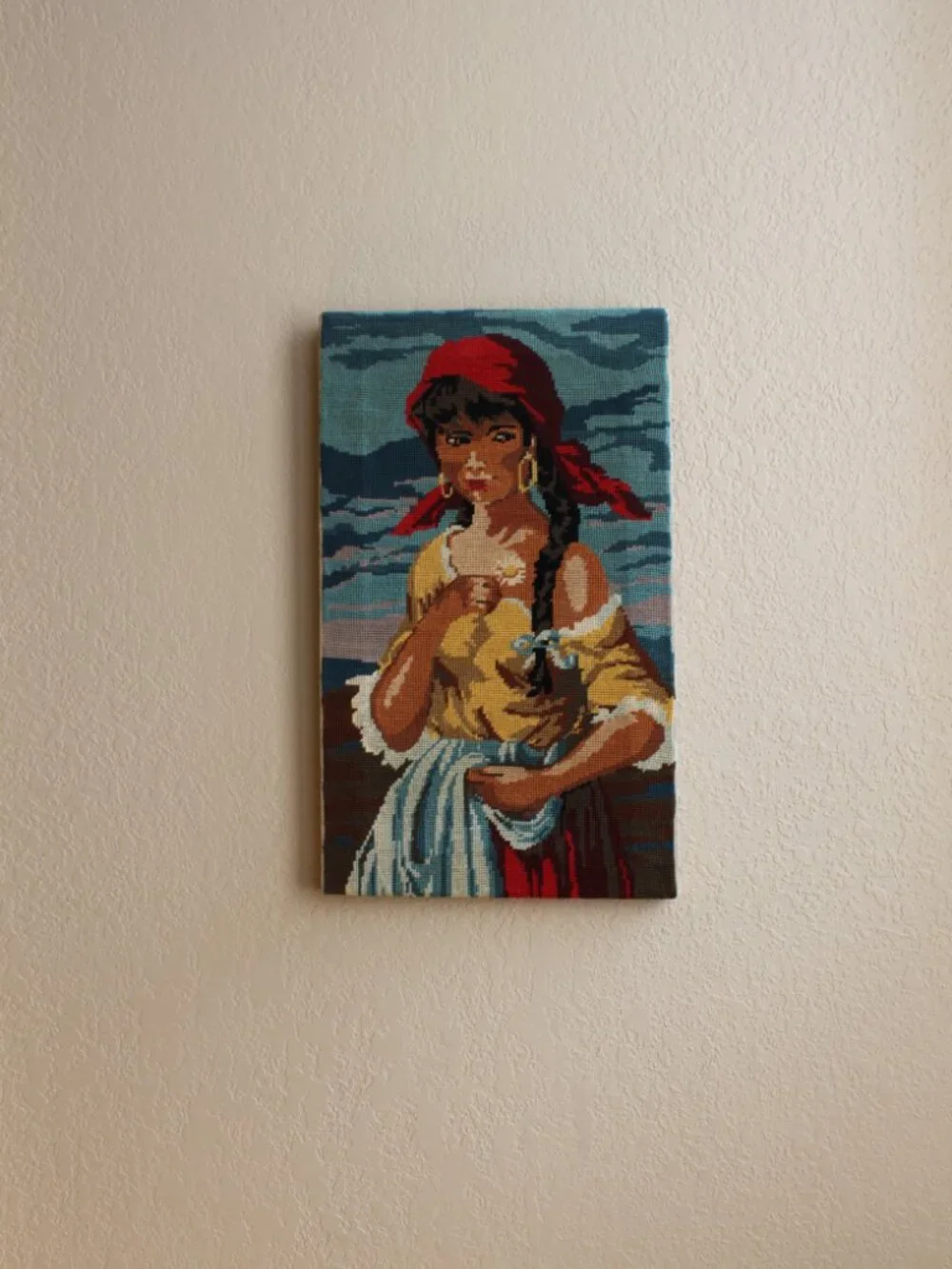 Vintage Needlepoint Portrait Wall hanging of a pirate or gypsy Woman
